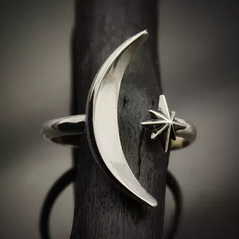 Adjustable Crescent and Star Ring Rings Nina Designs Sterling Silver  