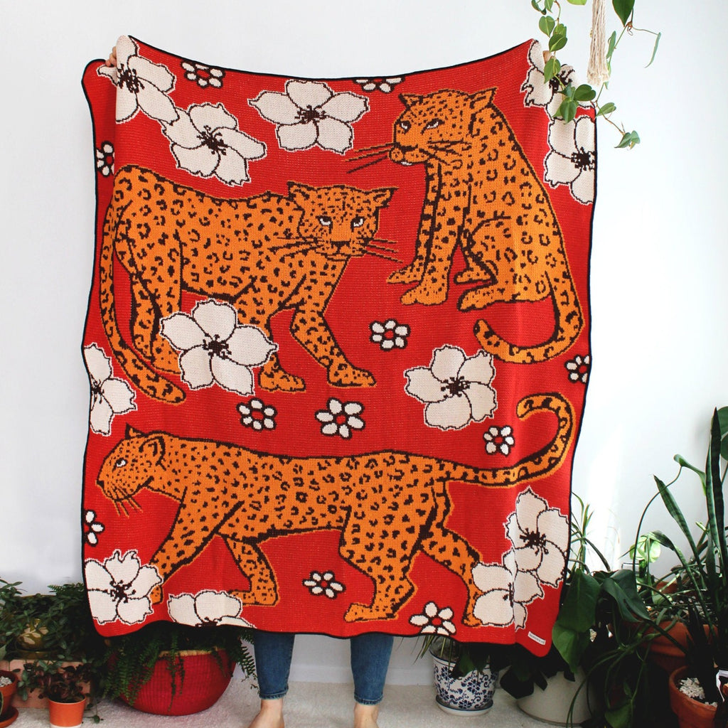 Leopard in Flower Patch Knit Blanket - Red Home Accents Calhoun & Co. Default Title  
